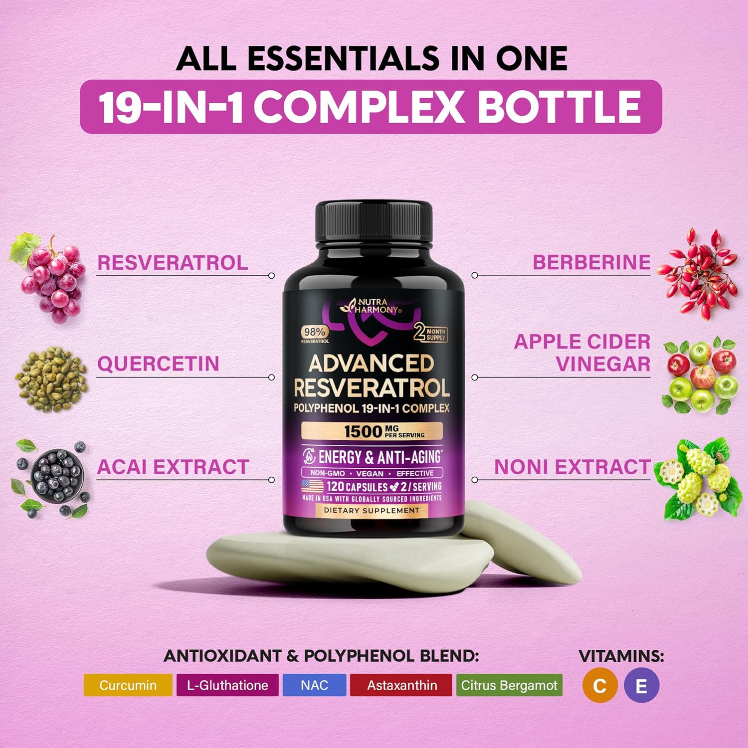 Resveratrol Supplement - 19-in-1 Organic Polyphenol Complex - Noni Extract | Berberine | Quercetin | Apple Cider Vinegar | Acai - Made in USA - Antioxidant & Heart Health Support - 120 Capsules