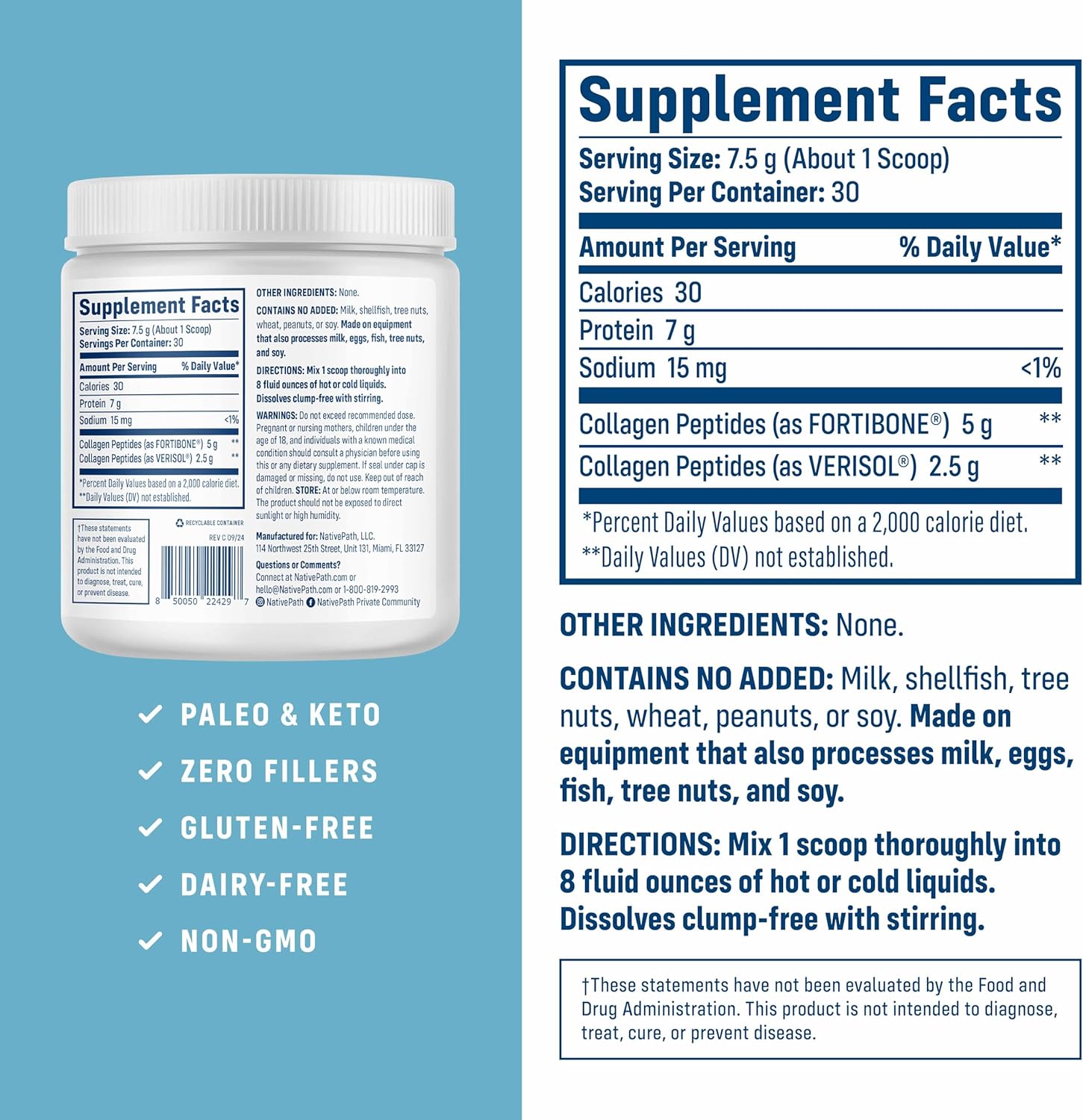 NativePath Bone Health Collagen Peptides, Type 1 & 3, with Fortibone and Verisol, 7.9 Ounce, 30 Servings