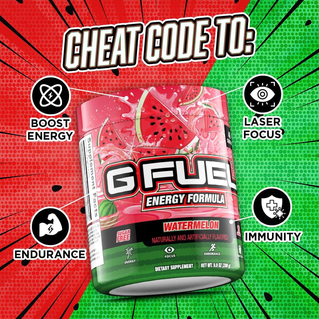 G fuel Watermelon Energy Drink Powder, Pre Workout Caffeine Mix for Gaming, Sugar Free Focus Amino, Vitamin + Antioxidants, 9.9oz (Watermelon, 40 Servings)