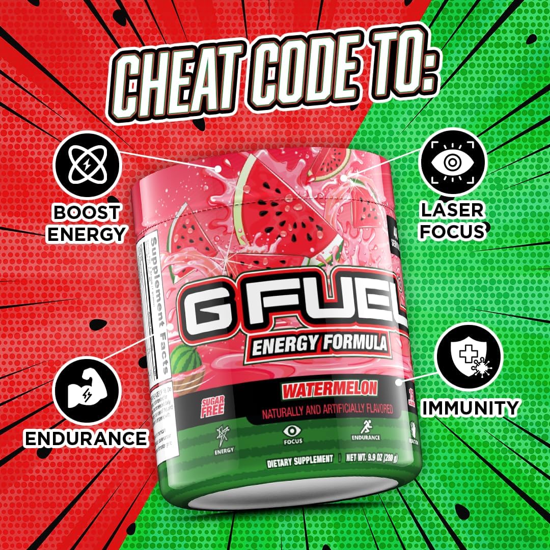 G fuel Watermelon Energy Drink Powder, Pre Workout Caffeine Mix for Gaming, Sugar Free Focus Amino, Vitamin + Antioxidants, 9.9oz (Watermelon, 40 Servings)