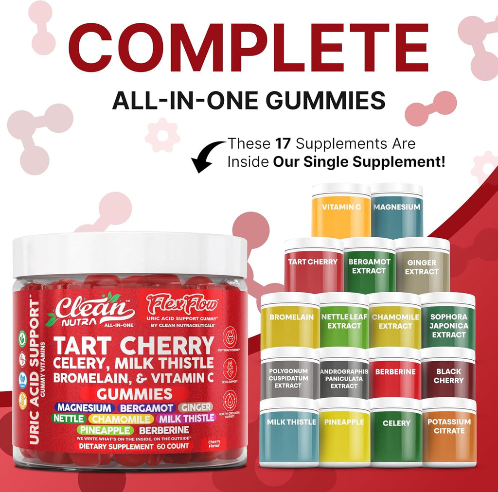 Clean Nutra Tart Cherry Gummies Uric Acid Flush Celery Milk Thistle Bromelain Vitamin C Magnesium Citrus Bergamot Ginger Stinging Nettle Leaf Chamomile Berberine Quercetin Support 60 Gummy Vitamins