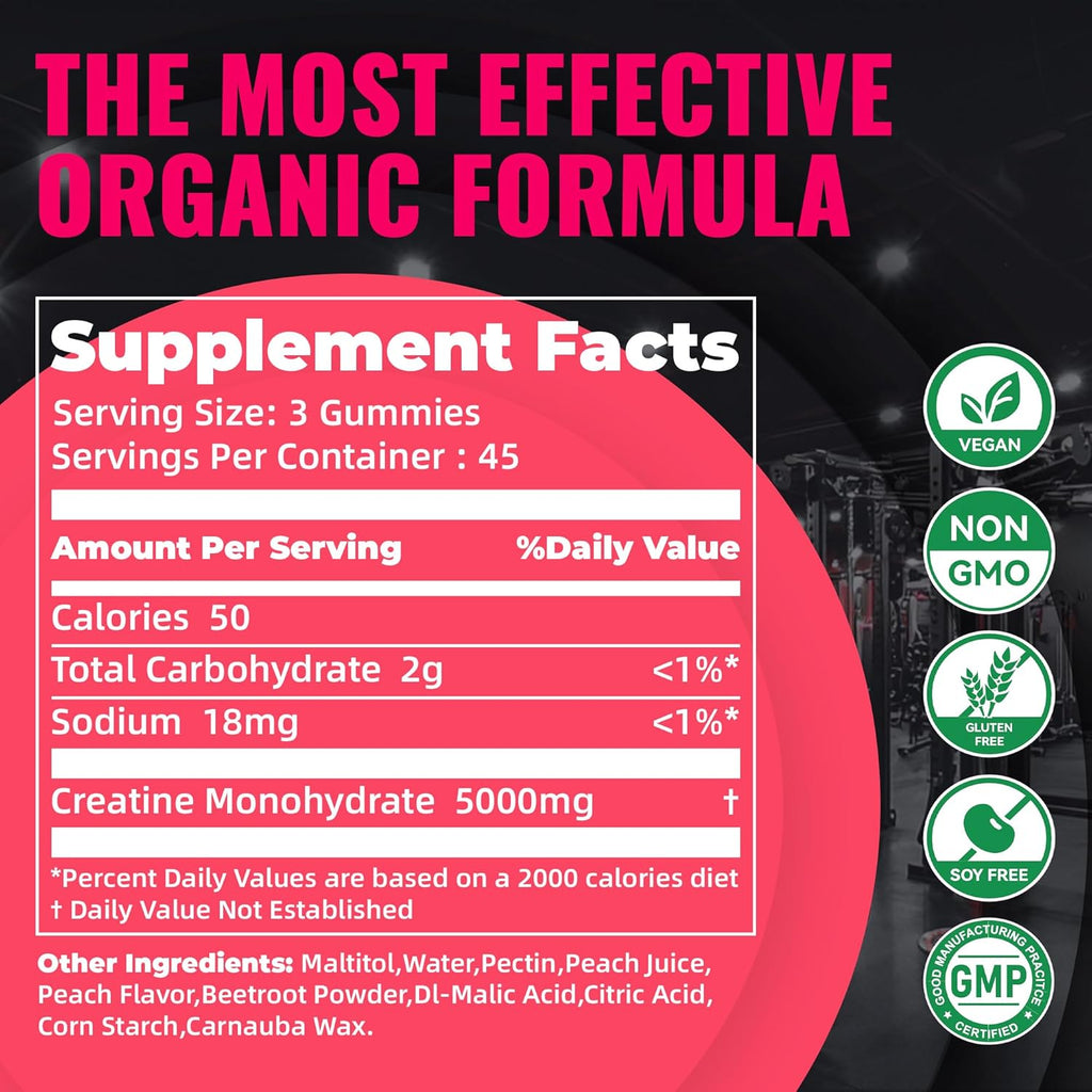 Natures Aid Creatine Monohydrate Gummies (5g) – Pre-Workout Energy & Muscle Growth Support for Men & Women | Peach Electrolyte Gummies (135 Count)
