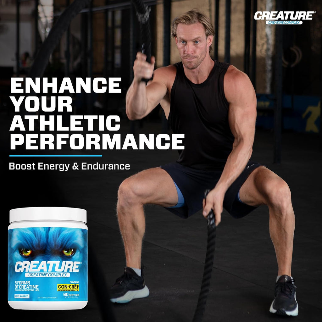CREATURE® Creatine Complex - Creatine Monohydrate Powder with 5 Types of Creatine Including Con-Crēt® Creatine HCL, Promotes Muscle, Strength, Endurance, Brain Health, Unflavored, 300g 60 Servings