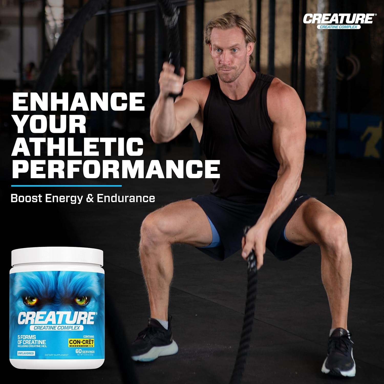 CREATURE® Creatine Complex - Creatine Monohydrate Powder with 5 Types of Creatine Including Con-Crēt® Creatine HCL, Promotes Muscle, Strength, Endurance, Brain Health, Unflavored, 300g 60 Servings