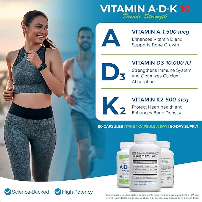 Power By Naturals ADK Vitamin Supplement – ADK 10 High Potency with Vitamins A, D3 10,000 IU & K2 MK7 for Superior Heart, Immune & Bone Health Support – 90 Capsules, 1 Pack (3-Month Supply)