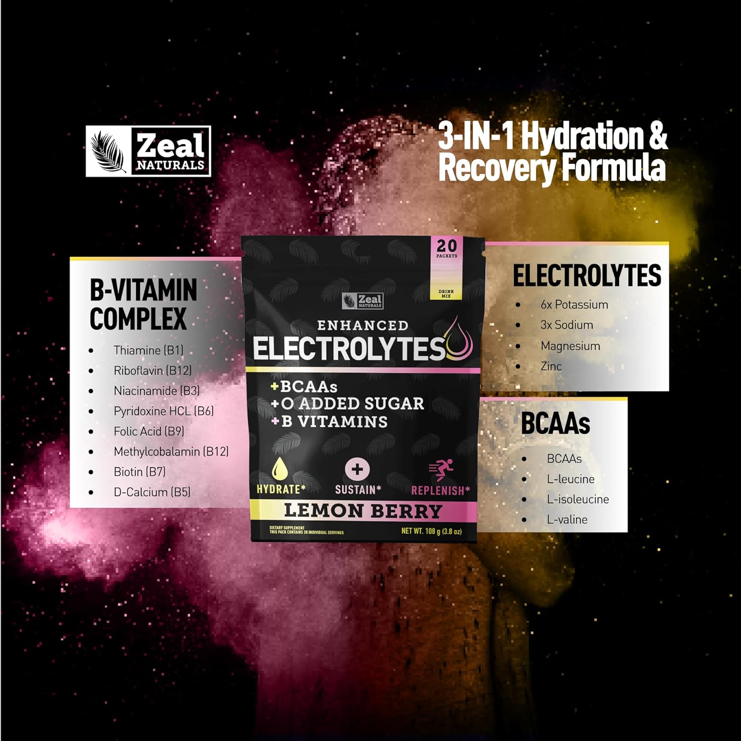 Enhanced Electrolyte Powder Stick Packs (Lemon Berry | 20 Packets) w/ 0 Sugar +BCAAs +B-Vitamins Electrolyte Supplement w Potassium Zinc & Magnesium for Hydration - Keto Electrolytes