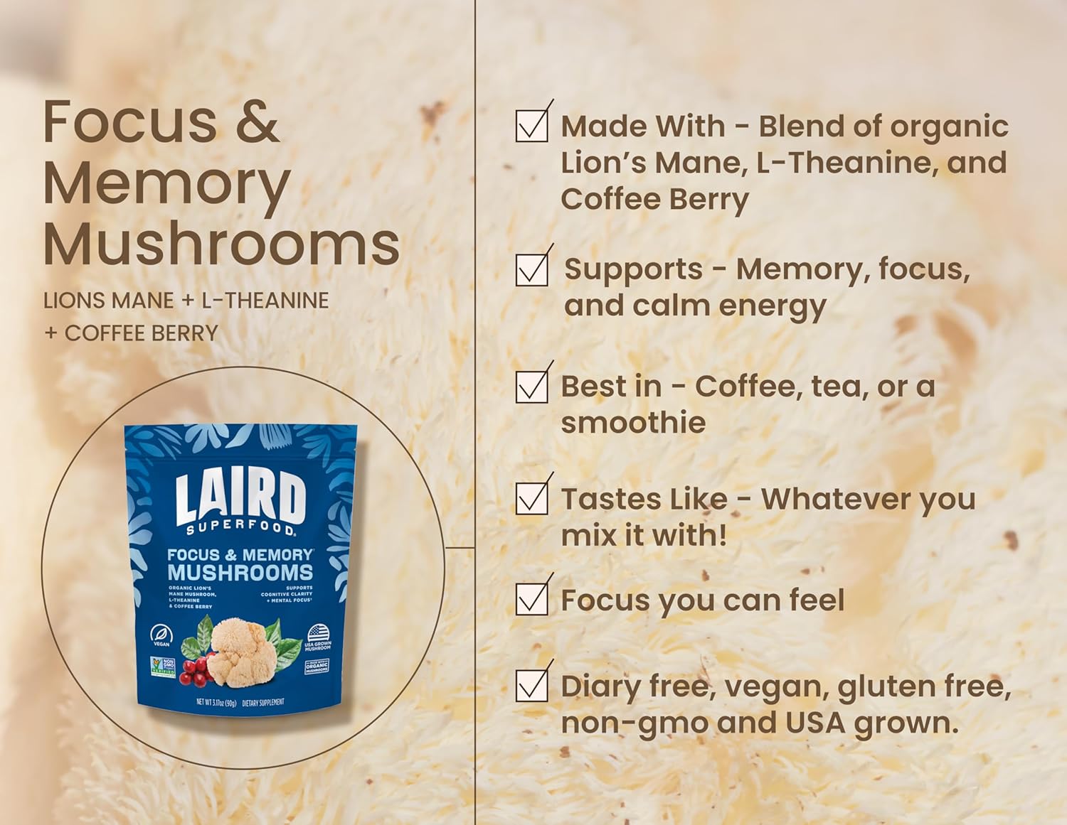 Laird Superfood Organic Focus and Memory Mushroom Blend with Lion’s Mane, L-Theanine, and Coffee Berry, 3.17 oz. Bag, Pack of 1