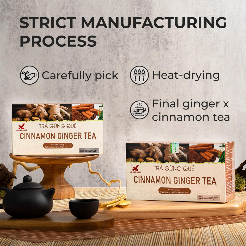 VUONGMART Dried Ginger Cinnamon Tea, 100% Pure & Hand Pick, Organic Herbal Tea, 30 Tea Bags, Gluten Free, Dairy Free, No Sugar Added & Natural, Energy Boost & Health Support