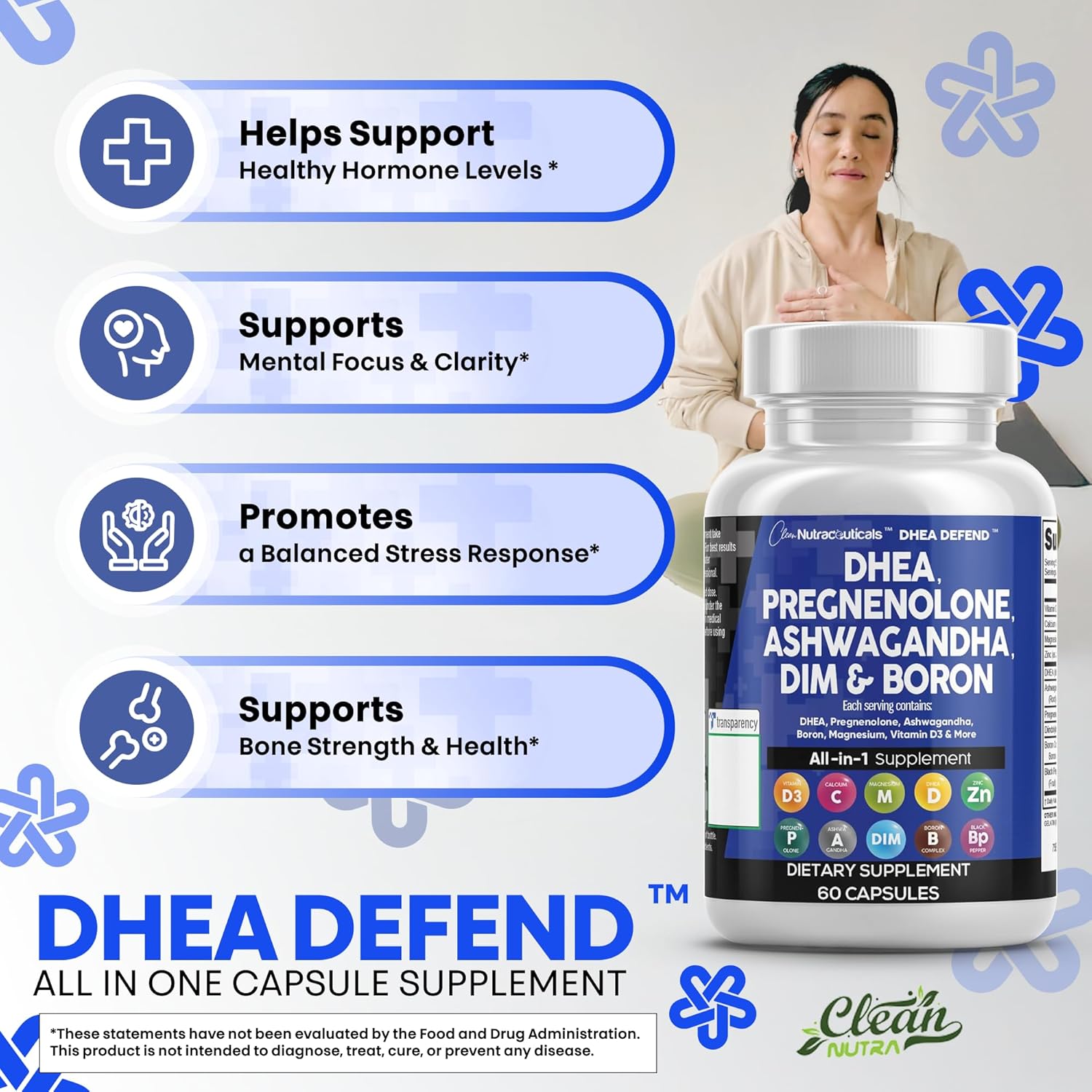 DHEA 200mg Supplement Pregnenolone 100mg for Men & Women with DIM Ashwagandha Boron 6mg Complex Calcium Magnesium Zinc 50mg Vitamin D3 5000 iu Hormone Support Capsules Pills - Made in USA 60 Ct
