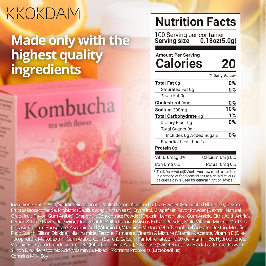 KKOKDAM Kombucha Tea - Grapefruit & Hibiscus Korean Tea - Kombucha Drinks Probiotic Support, Low Calorie, Sugar Free Kombucha Pack - 500g Bulk Pouch