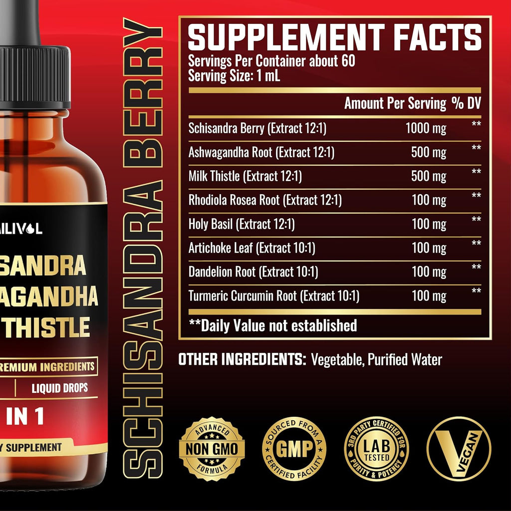 8in1 Schisandra Berry Drops with Milk Thistle, Ashwagandha, Rhodiola Rosea, Holy Basil, Artichoke, Dandelion Root & Turmeric Curcumin - 2 Fl Oz for 2 Month Supply