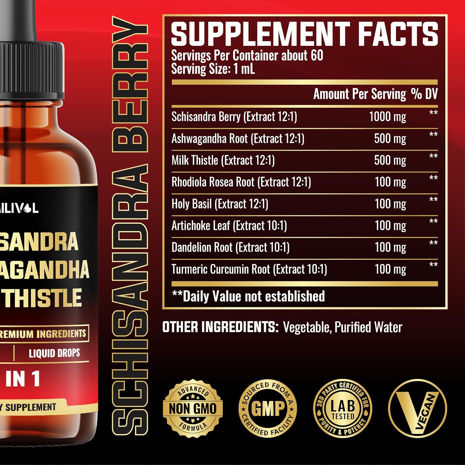 8in1 Schisandra Berry Drops with Milk Thistle, Ashwagandha, Rhodiola Rosea, Holy Basil, Artichoke, Dandelion Root & Turmeric Curcumin - 2 Fl Oz for 2 Month Supply