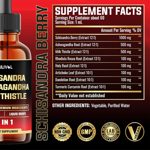 8in1 Schisandra Berry Drops with Milk Thistle, Ashwagandha, Rhodiola Rosea, Holy Basil, Artichoke, Dandelion Root & Turmeric Curcumin - 2 Fl Oz for 2 Month Supply