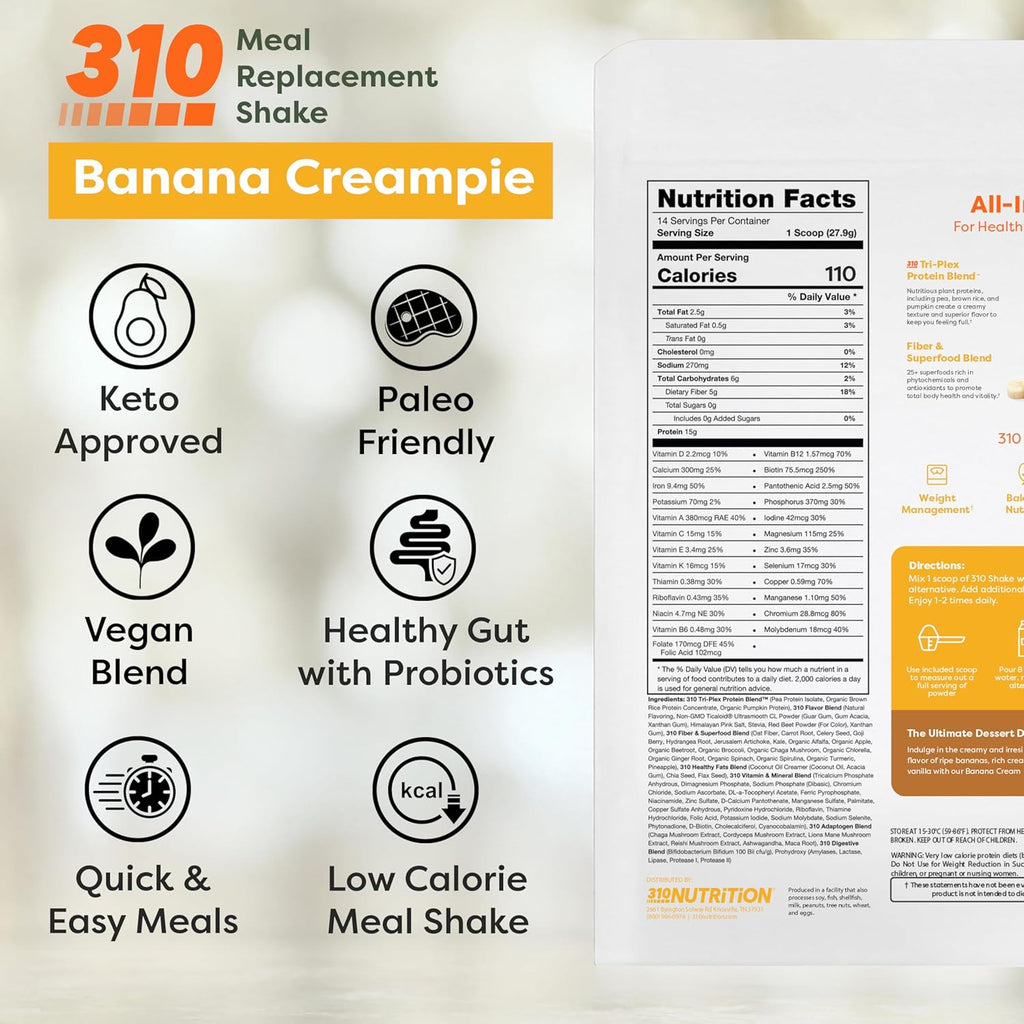 310 Nutrition All-In-One Plant-Based Meal Replacement Shake – High-Fiber Protein with Probiotics, Digestive Enzymes & Adaptogens – Vegan, Low Carb, Keto Friendly Superfood Blend – Banana Cream Pie – 28 Servings