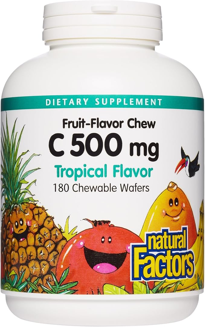 Natural Factors, Kids Chewable Vitamin C 500 mg, Supports Immune Health, Bones, Teeth and Gums, Tropical, 180 Count (Pack of 1)