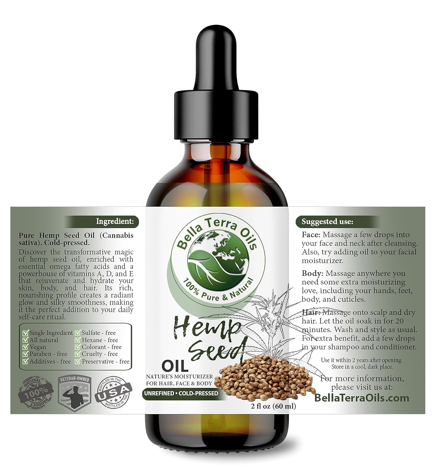 Bella Terra Oils - Hemp Seed Oil 2oz - Embrace the Deep Nourishment of Omega-6 & Omega-9, Zinc & Magnesium, Crafted for the Ultimate Cosmetic Experience