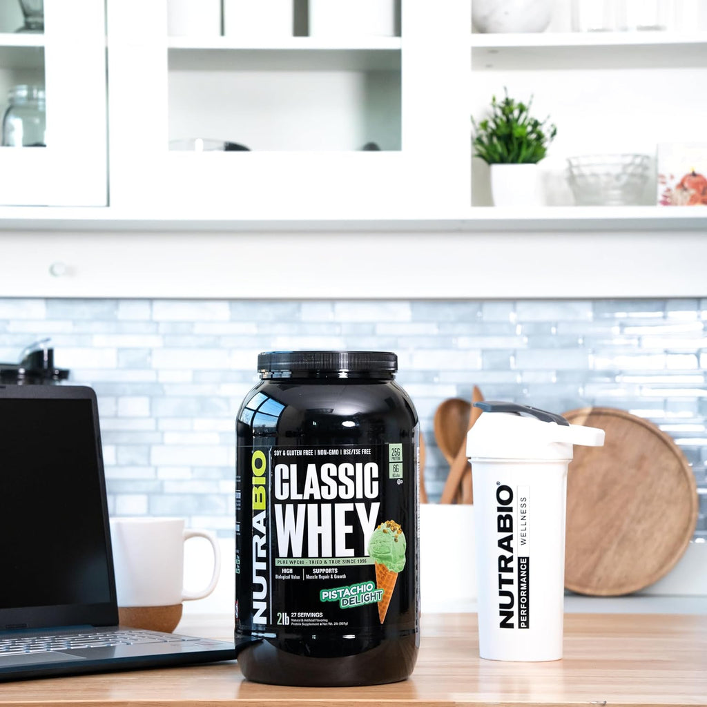 NutraBio Classic Whey Protein Powder- 25G Protein Per Scoop - Full-Spectrum Amino Acid Profile - No Fillers, Artificial Colors, Preservatives - (Pistachio Delight, 2 Pounds)