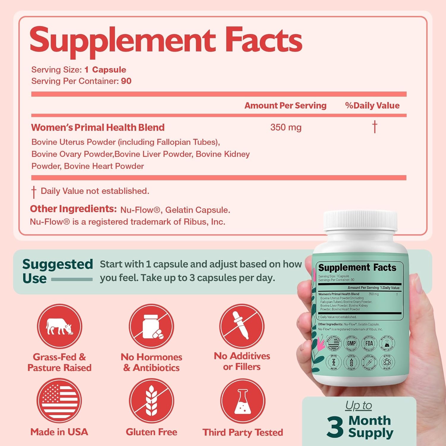 Happee Grass Fed Beef Organ Supplement for Women - Beef Liver, Heart, Kidney, Ovary & Uterus Blend - Hormone Balance, Energy & Wellness Support - Nutrient Rich Superfood - 90 Capsules