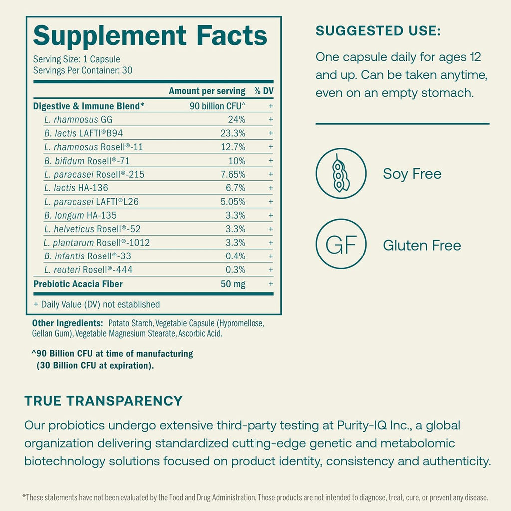 True Grace One Daily Probiotic - 30 Vegetarian Capsules - 90 Billion CFU - Gut, Digestive & Immune Health Support Blend with Prebiotic Fiber - Gluten & Soy Free