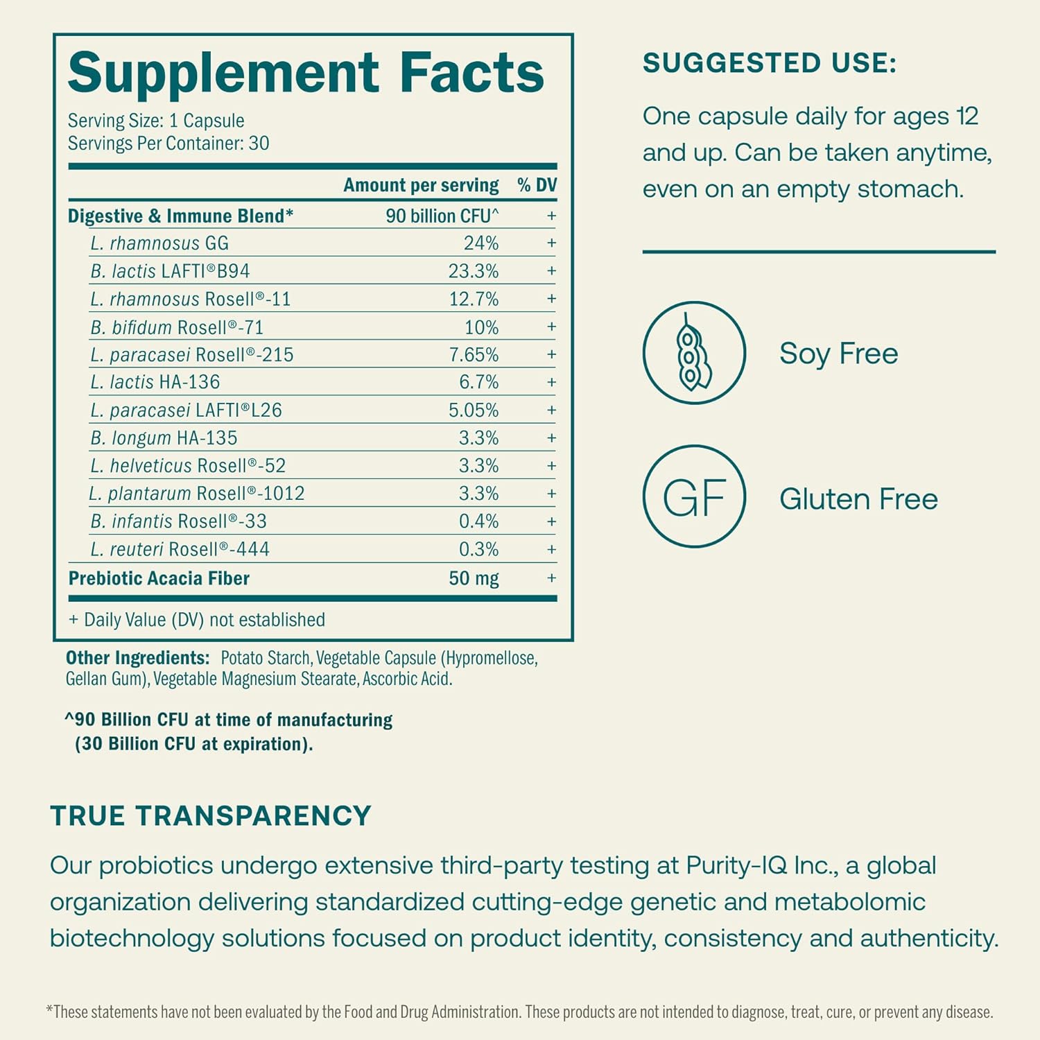 True Grace One Daily Probiotic - 30 Vegetarian Capsules - 90 Billion CFU - Gut, Digestive & Immune Health Support Blend with Prebiotic Fiber - Gluten & Soy Free