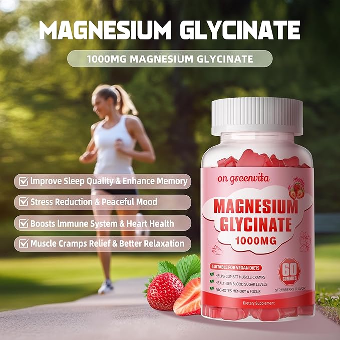 Magnesium Glycinate Gummies 1000mg - Sugar Free Magnesium Potassium Supplement with Vitamin D, B6, CoQ10 for Calm Mood & Sleep Support - 120 Strawberry Gummies 2 Pack