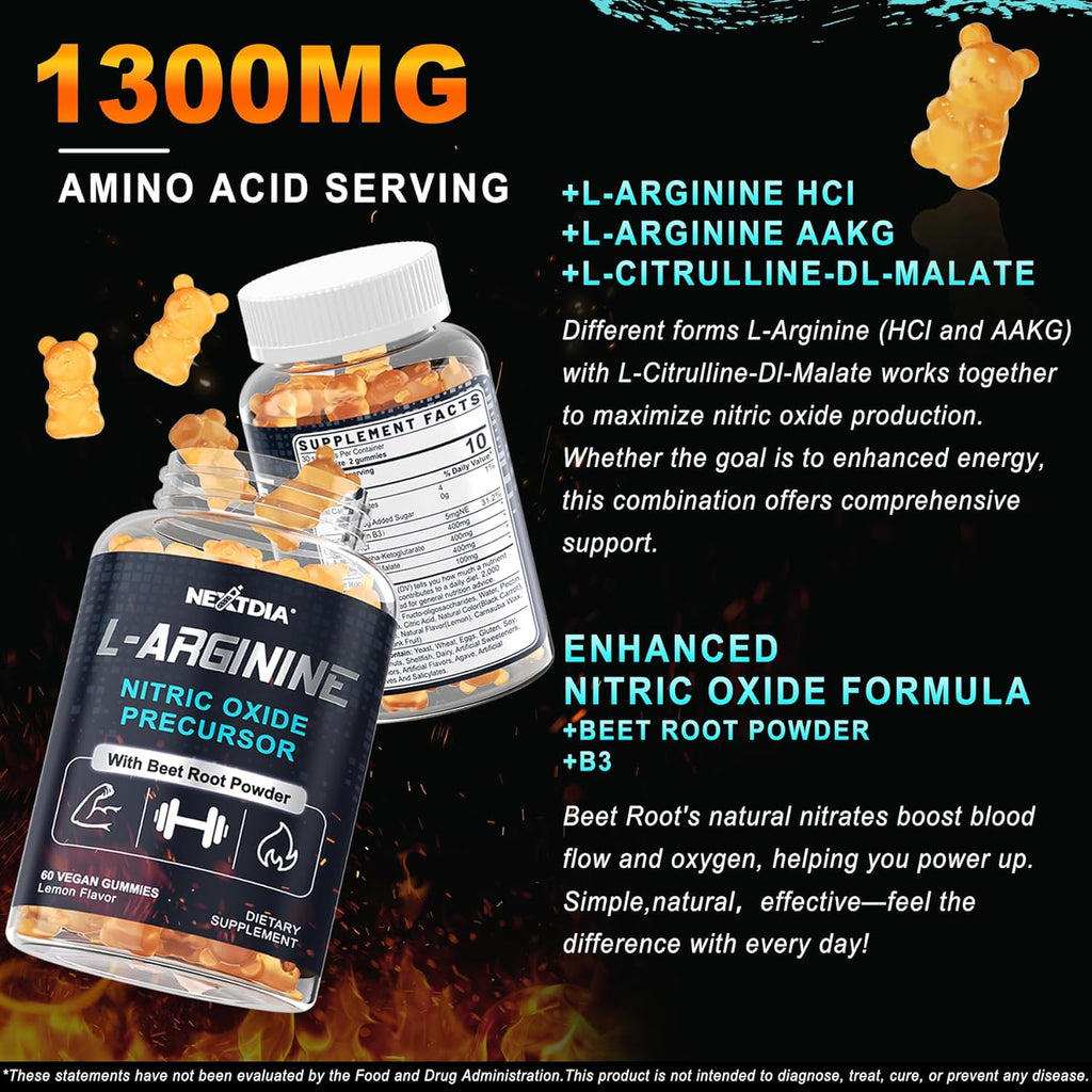 Sugar Free L Arginine Nitric Oxide Gummies 1300mg for Men & Women with L Citrulline, Beet Root, B3 | L Arginine L Citrulline Supplements | Vegan, 60 Counts