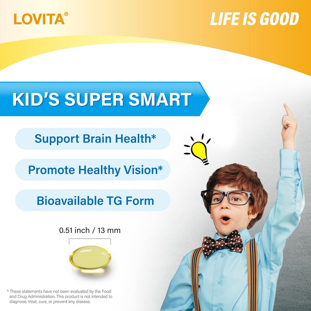 Lovita Kid’s Super Smart, Omega-3 for Children, 180 mg Total DHA & EPA, Lemon Flavor Fish Oil, Support Brain & Vision Health, 30 Softgels (Pack of 3)