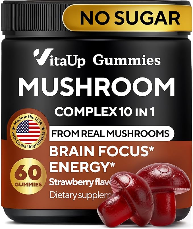 Mushroom Gummies for Adults - USA Made 10 in 1 Mushroom Supplement - Mushroom Complex with Lions Mane, Cordyceps, Turkey Tail, Reishi, Shiitake for Cognitive & Immune Support - 60 Count