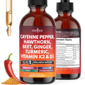 Cayenne Pepper Supplement Liquid Drops + Hawthorn Berry, Vitamin D3 K2 Beet Root Powder, Ceylon Cinnamon, Turmeric Curcumin, Organic Panax Ginseng - 2oz