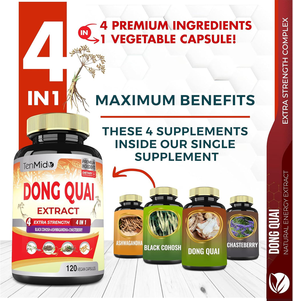 Dong Quai Supplement Extract Capsules, 4 Months Supply with Black Cohosh, Chasteberry, Ashwagandha - 120 Vegan Capsules