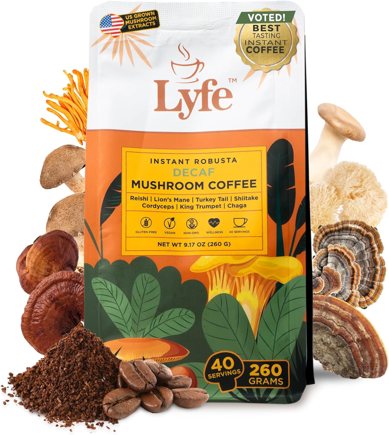 LYFE Organic Instant Decaf Mushroom Coffee – Lion’s Mane, Chaga, Cordyceps, Turkey Tail | USA Grown Adaptogenic Mushrooms for Better Energy, Focus, Gut Health, Immunity – 40 Servings