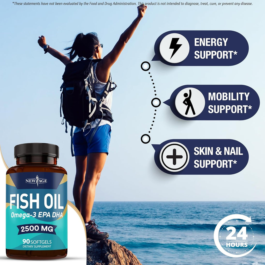 NEW AGE Omega 3 Fish Oil 2500mg Supplement Non GMO - EPA, DHA Fatty Acids Gluten Free (180 Softgels (Pack of 2))