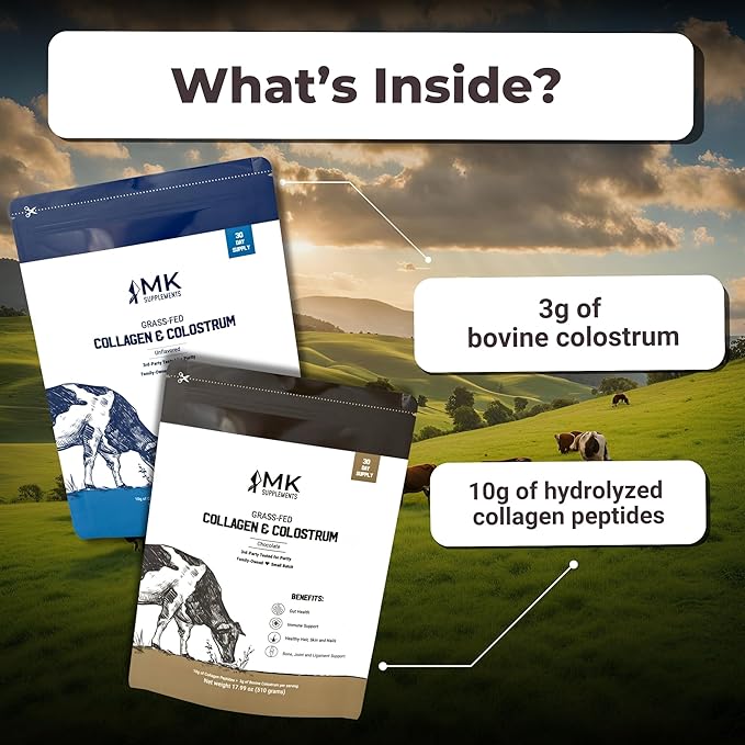 MK Supplements Collagen & Colostrum – Grass-Fed Bovine Collagen & Bovine Colostrum Powder – Skin, Gut, Joint & Immune Support – Keto, Paleo, Carnivore Friendly – No Additives
