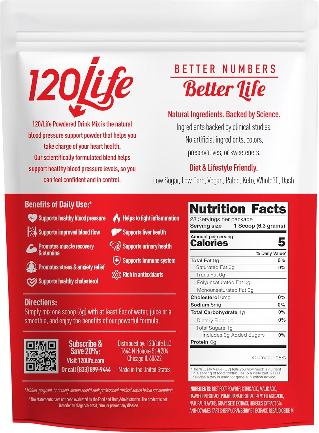 Blood Pressure Support, Natural Beet Root Powder Drink Mix with Pomegranate Powder, Cranberry Supplement, Tart Cherry, Hibiscus, and Magnesium (28 Servings) - Gluten-Free, Vegan