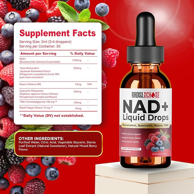 NAD+ Liquid Drops – with Resveratrol, Quercetin, Niacin & TMG – 10-in-1 Nutrient Support Formula for Cellular Energy & Wellness – Mixed Berry Flavor – 2 fl oz