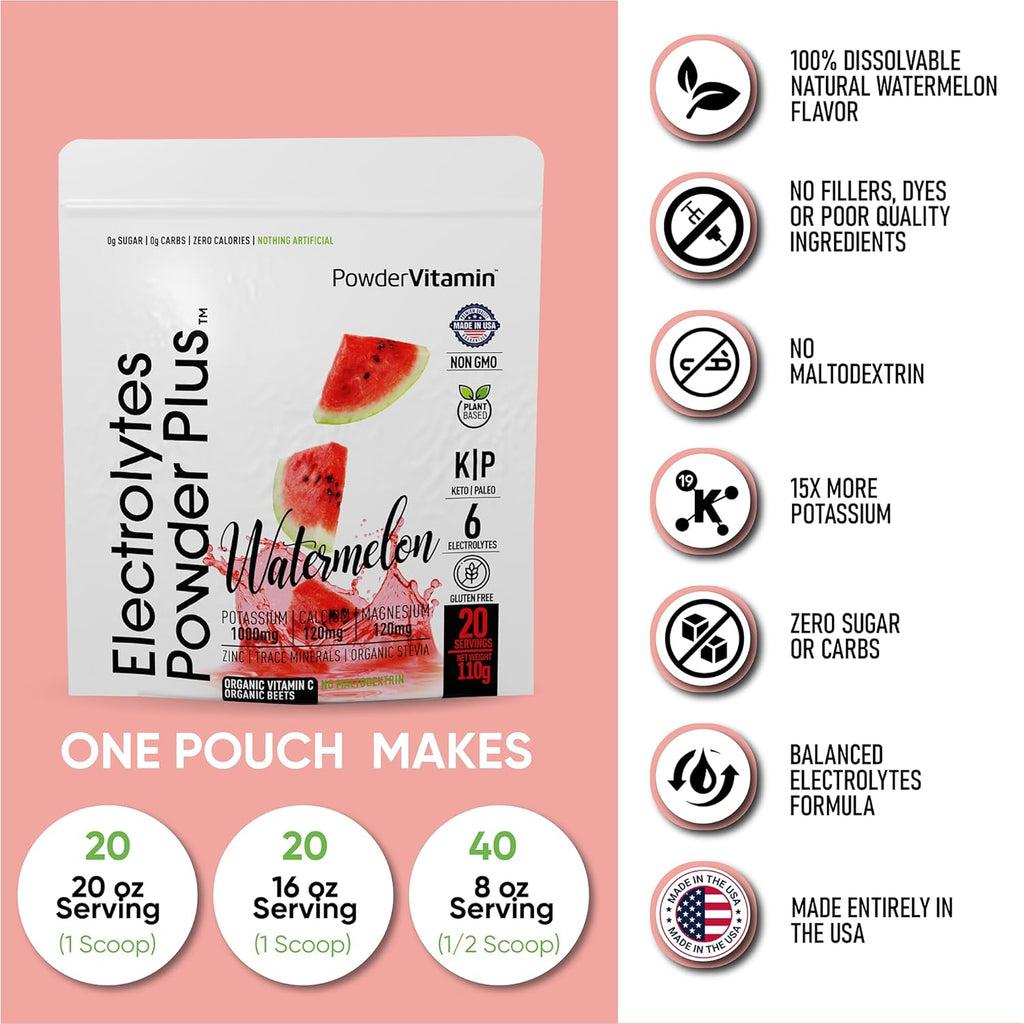 PowderVitamin Electrolytes Powder Plus (20 Servings) Watermelon Electrolyte Powder Zero Calorie Keto,0 Sugar, No Maltodextrin,1000mg Potassium,120mg Calcium,120mg Magnesium, Pink Himalayan Salt