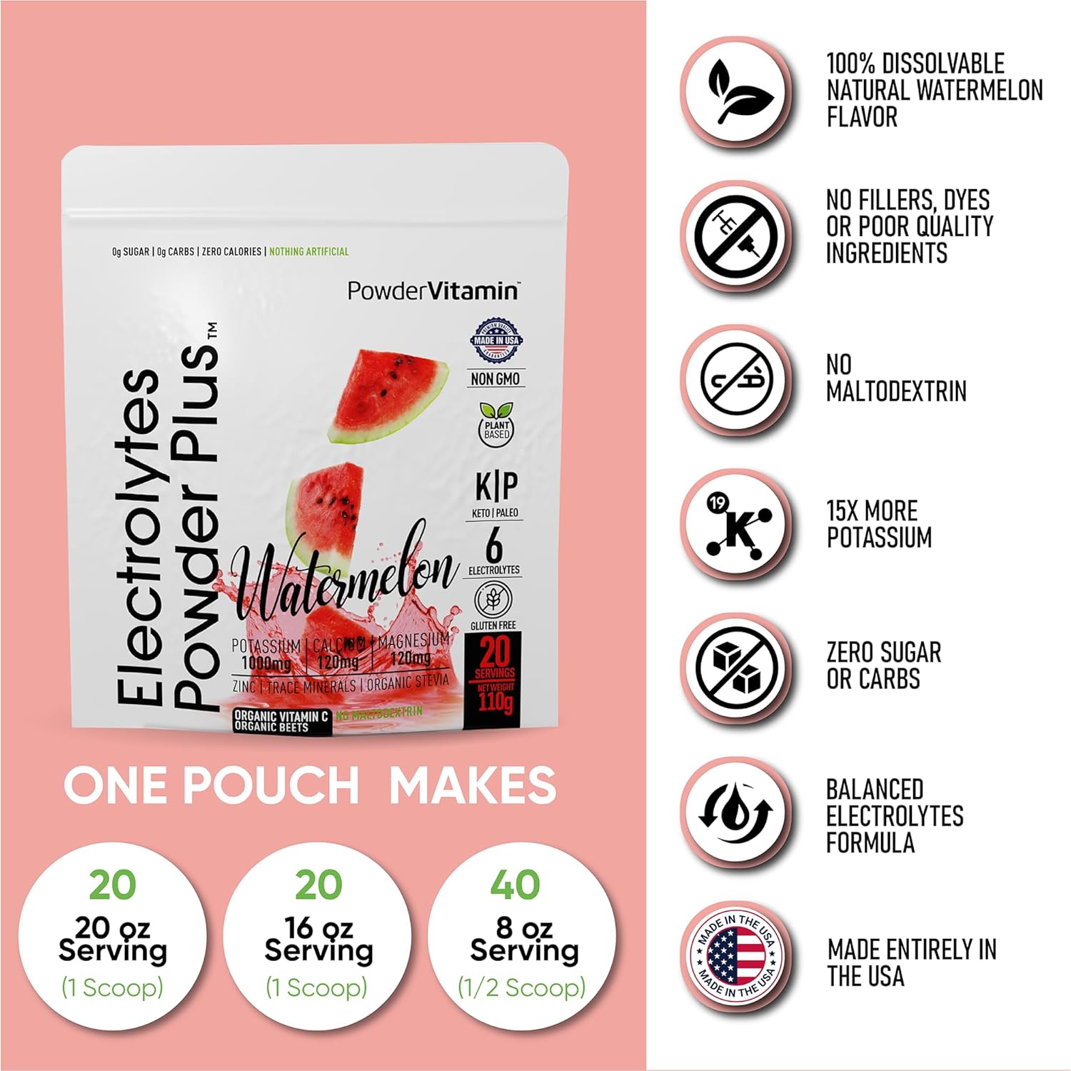 PowderVitamin Electrolytes Powder Plus (20 Servings) Watermelon Electrolyte Powder Zero Calorie Keto,0 Sugar, No Maltodextrin,1000mg Potassium,120mg Calcium,120mg Magnesium, Pink Himalayan Salt
