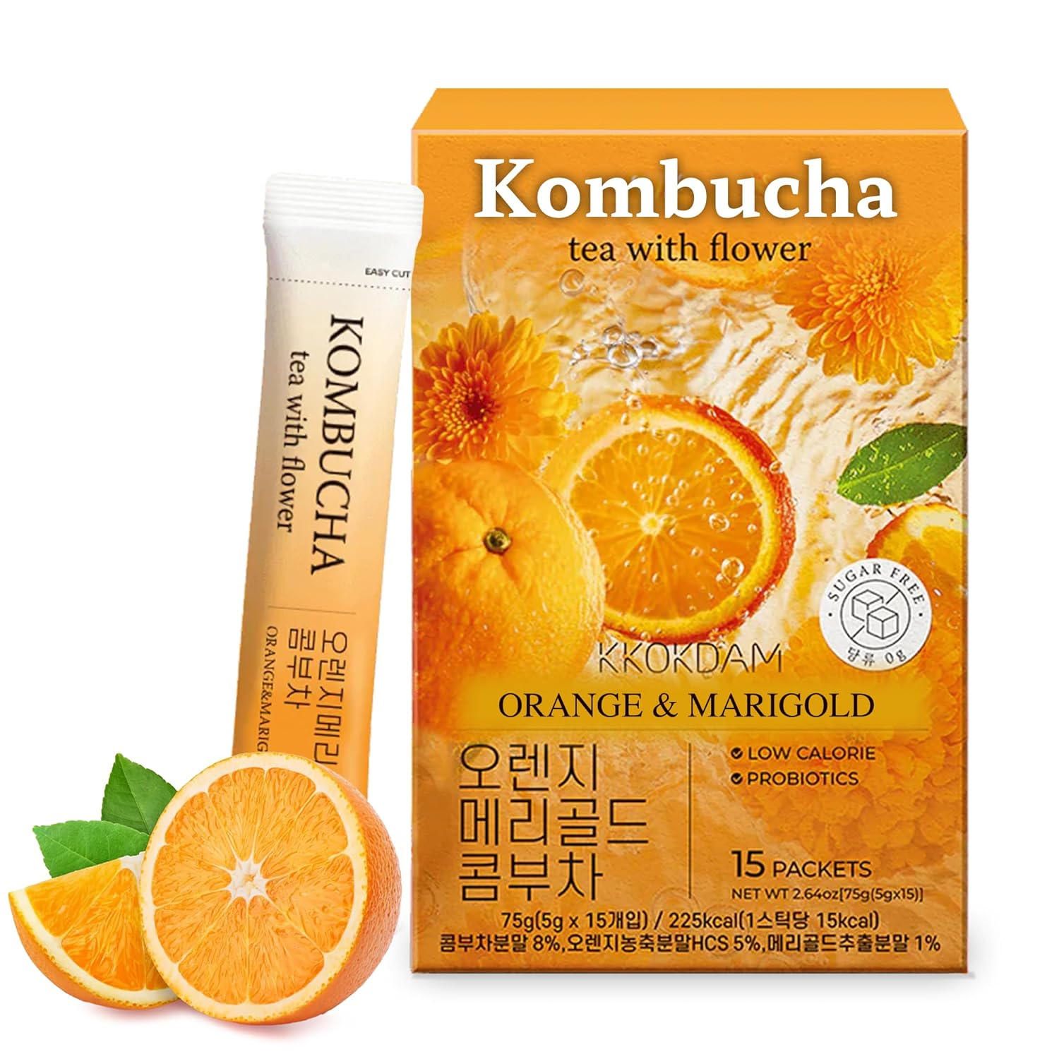 KKOKDAM Kombucha Tea - Orange & Marigold Korean Tea - Kombucha Drinks Probiotic Support, Low Calorie, Sugar Free Kombucha - 15 Packs