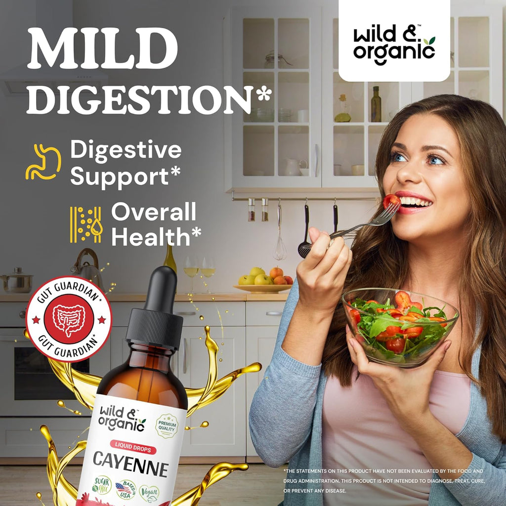 Wild & Organic Cayenne Pepper Tincture - Capsaicin Supplements for Digestive Support - Cayenne Pepper Extract Liquid - Vegan, Alcohol-Free Drops - 2 fl oz