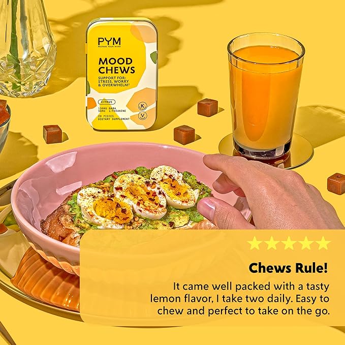 PYM Citrus Mood Chews Support for Stress, Worry & Overwhelm, 120 Count | 130mg GABA, 90mg L-Theanine | Vegan, Non-GMO, Gluten-Free, No Added Sugar | All-Natural Mood Balance Supplement Made in USA