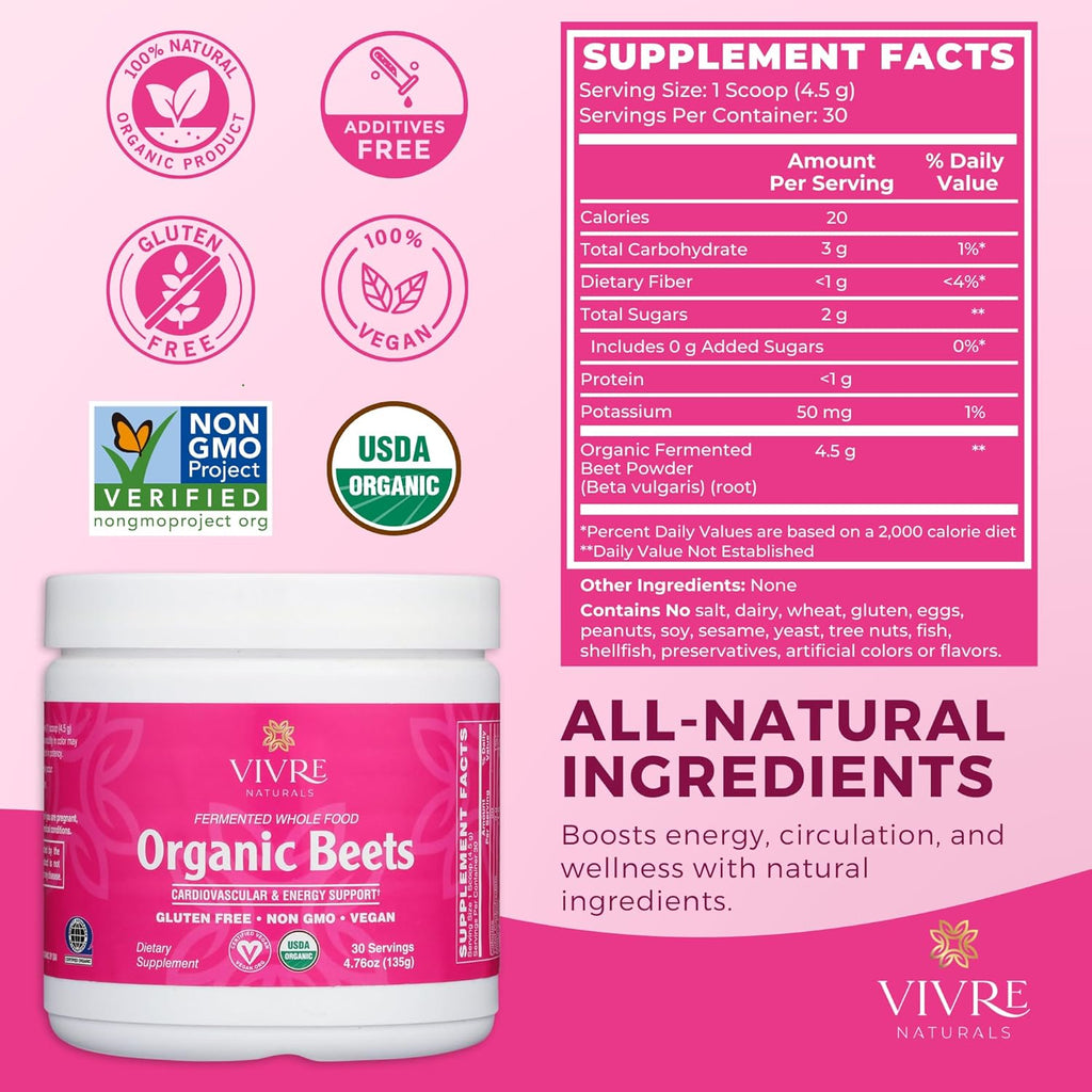 Vivre Naturals Fermented Whole Food Organic Beet Powder, USDA Organic, Probiotic-Enhanced Beetroot Superfood - Nitric Oxide Supplement for Blood Pressure Support, Heart Health Circulation, 30 Servings