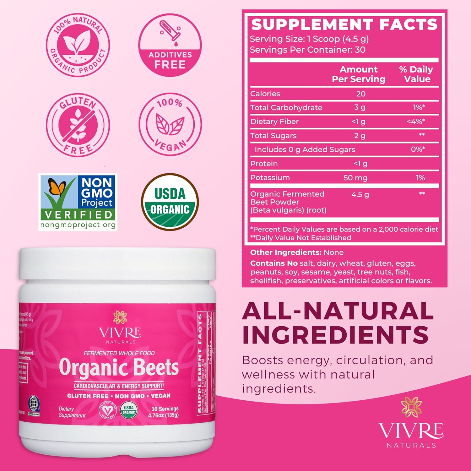 Vivre Naturals Fermented Whole Food Organic Beet Powder, USDA Organic, Probiotic-Enhanced Beetroot Superfood - Nitric Oxide Supplement for Blood Pressure Support, Heart Health Circulation, 30 Servings