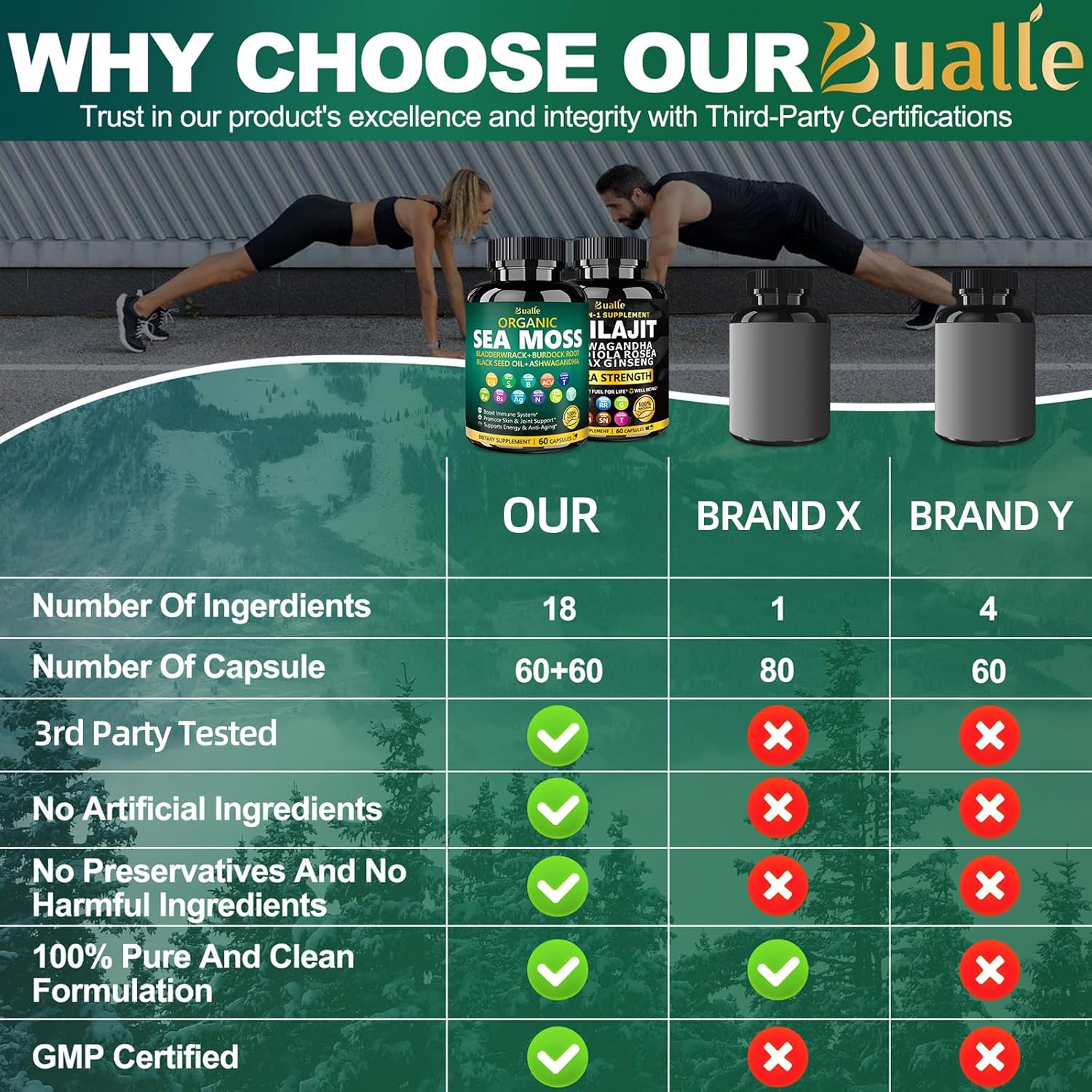 Bualle Sea Moss and Shilajit Bundle-Sea Moss 300mg,Black Seed Oil 100mg,Ashwagandha 50mg,Ginger & Shilajit 300mg,Rhodiola Rosea 100mg,Panax Ginseng 50mg,All in 1 Supplements-USA Made(2 Pack)