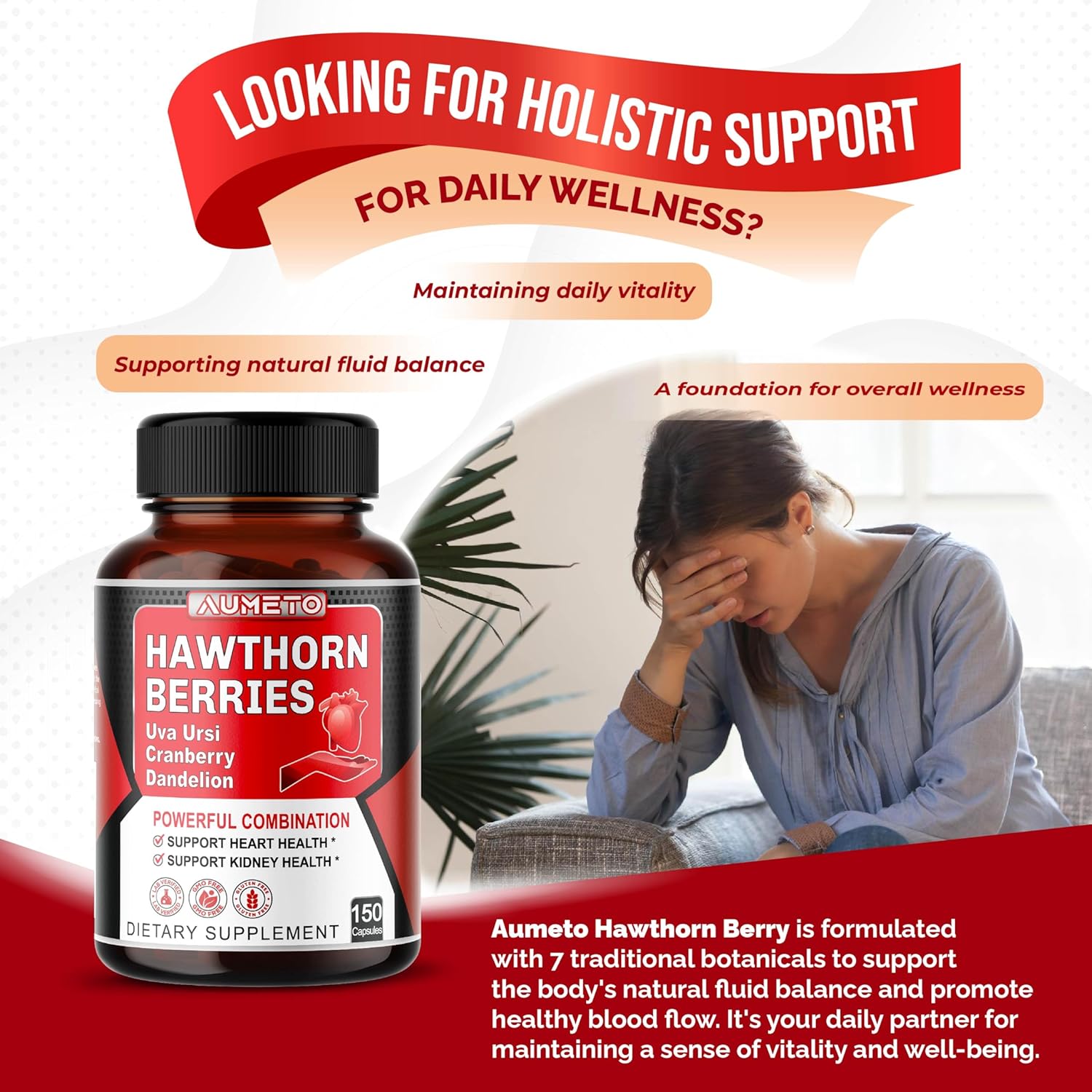 7 in 1 Ultra Hawthorn Berry with Uva Ursi Dandelion Cranberry Apple Cider Vinegar - Heart, Kinney Health Support