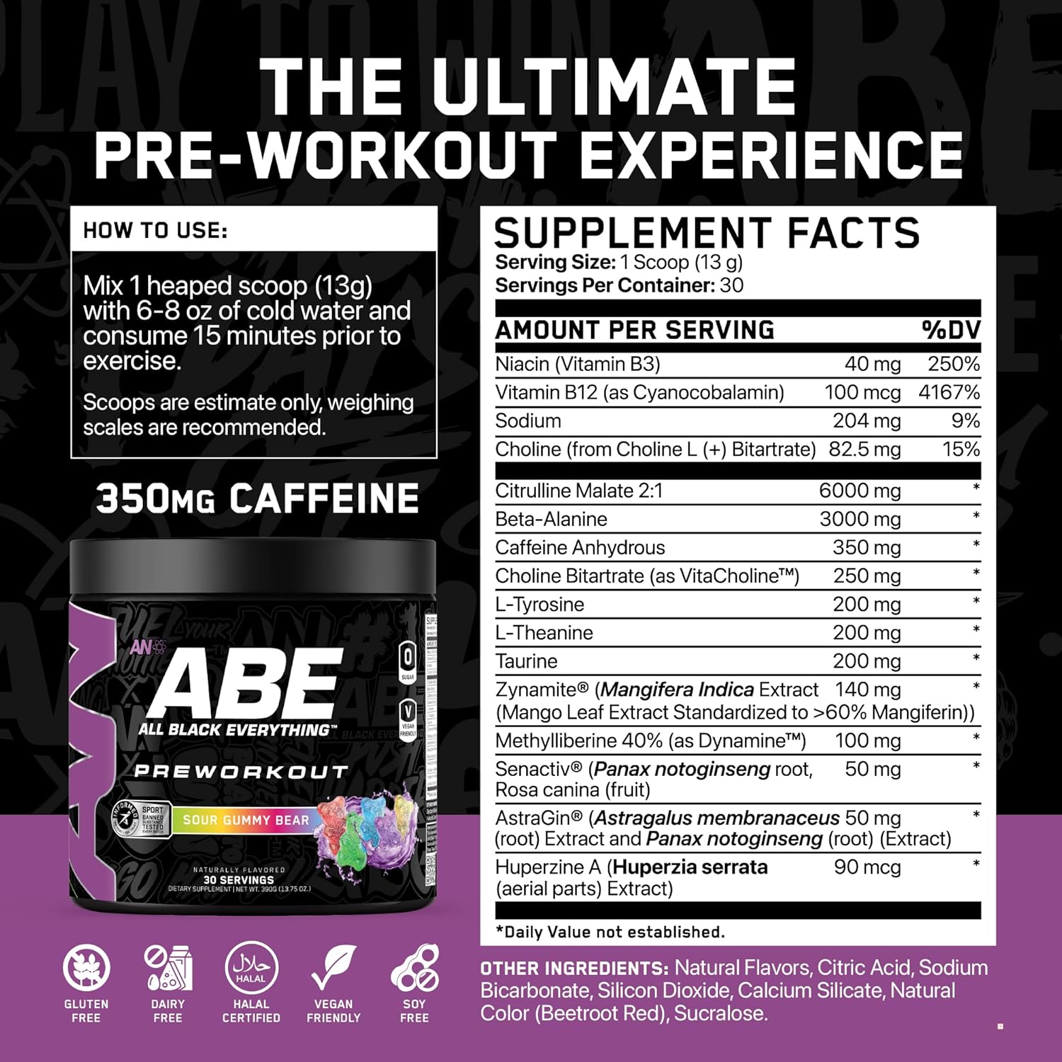 All Black Everything Pre Workout Powder | 30 Servings | Sour Gummy Bear | 350mg Caffeine | Nootropic Pre-Workout Blend | Beta Alanine + Citrulline | Energy Supplement for Men and Women
