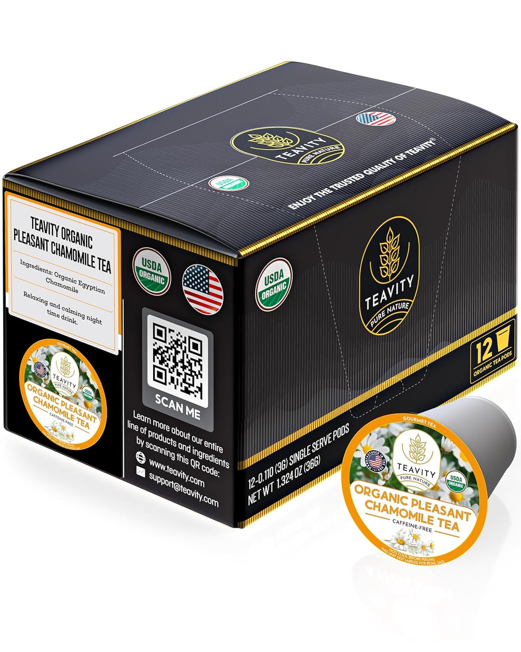 Teavity Organic Chamomile Tea Pods for Keurig - Decaf, 12 Count