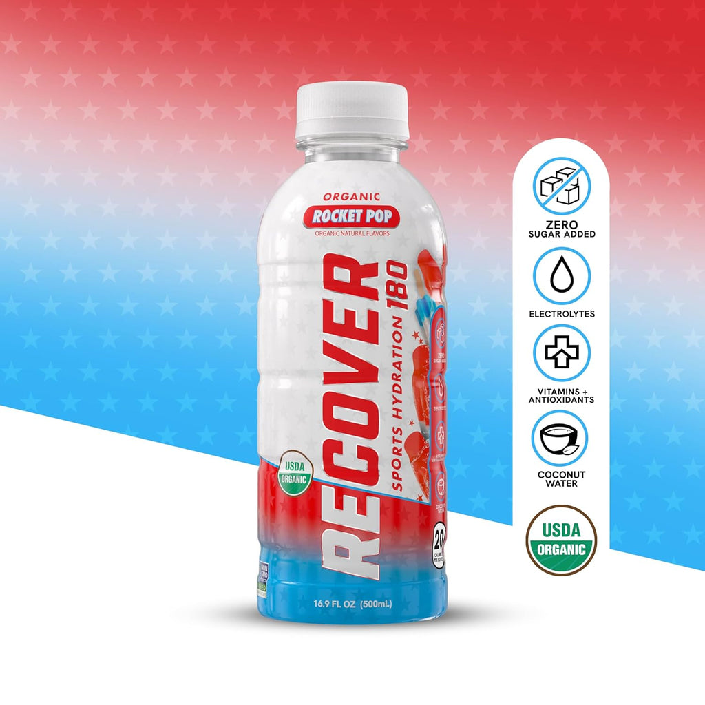 RECOVER 180 Organic Sports Hydration Drink, No Sugar Added, 20 Calorie Sports Beverage, Organic Flavors With Vitamins, Potassium-Packed Electrolytes (16.9 Fl Oz (Pack of 12), Rocket Pop)
