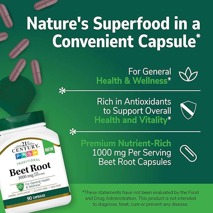 21st Century Traditional Beet Root 1000 mg (90 Count), Gluten-Free Beet Supplement for General Health and Wellness Support, Non-GMO, Vegan, Free from Common Allergens, 45 Servings