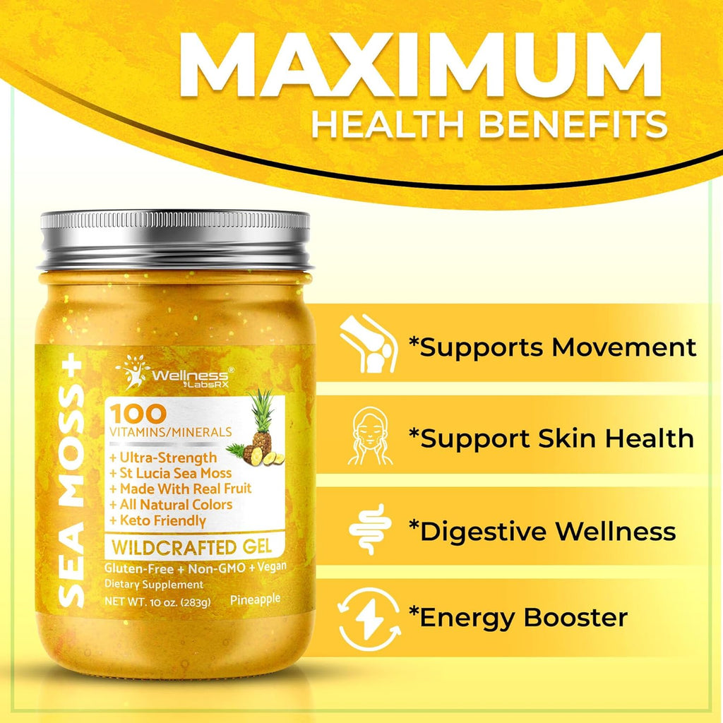Irish Sea Moss Gel Raw - Wildcrafted Superfood Seamoss Gel - Pineapple Flavor, Vitamin and Mineral-Rich from Pristine Caribbean Waters, Immune and Digestive Health Support - 10 oz.