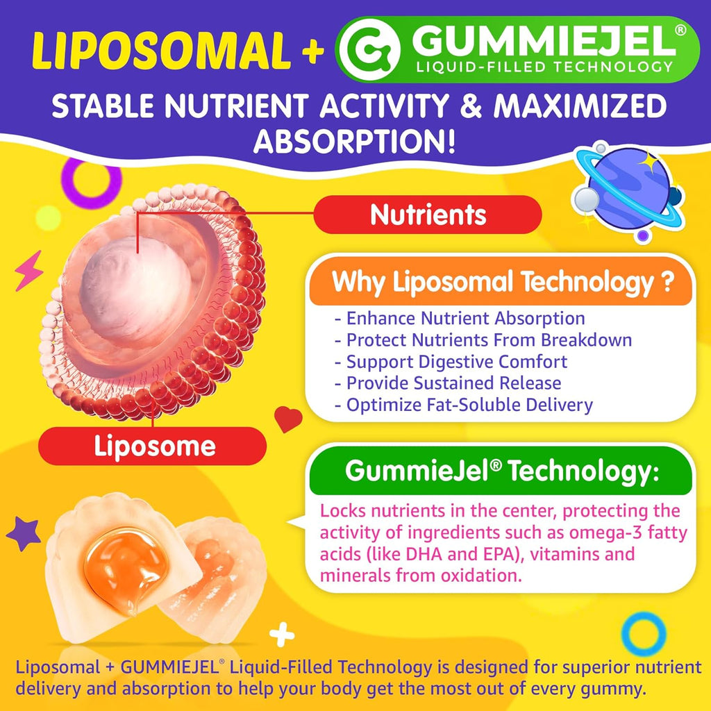 Kids Multivitamin Gummies with Omega-3 (DHA & EPA), Liposomal Multivitamin for Kids 4+ w/Vitamin D3, K2, Methylated B12, Folate, C, Probiotics, Lutein & Zeaxanthin for Brain, Immunity, Gut, Eye, 60Cts